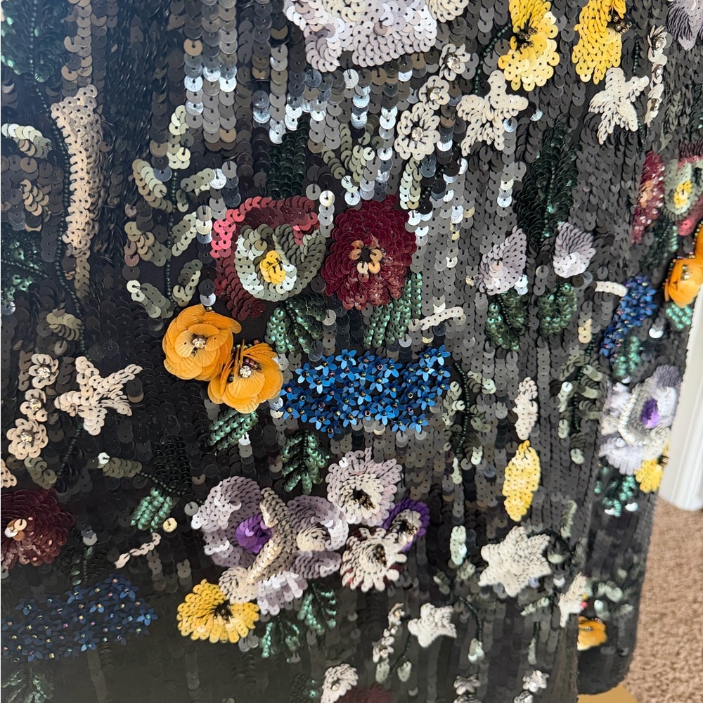 Mac Duggal Black Floral Sequin Flutter Sleeve Aline Wrap Cocktail Dress - Picture 5 of 7